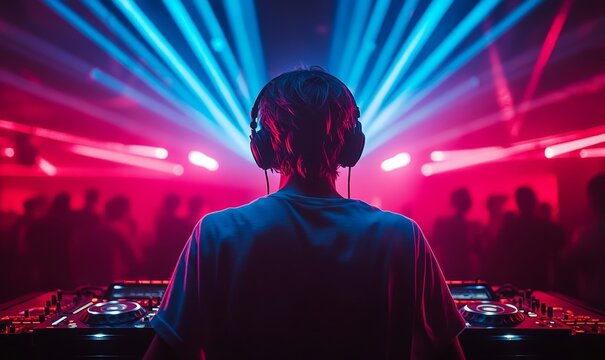 DJ with headphones playing music in a club, illuminated by laser lights, creating an energetic and exciting atmosphere, Generative AI - Powered by Adobe