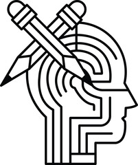 A black and white drawing of a head with a pencil and a pair of scissors