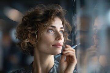 Obraz premium Reflective woman with short curly hair gazing thoughtfully outside while writing with a pen on glass window in modern office environment