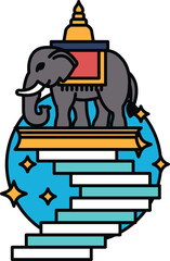 A black and white drawing of an elephant on top of a set of stairs
