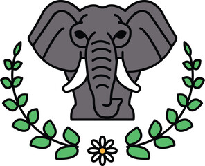 A black and white drawing of an elephant with a leafy border