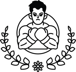 A man with a boxing glove on his left hand and a fist on his right hand