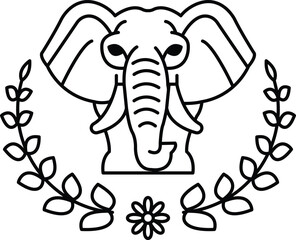 A black and white drawing of an elephant with a leafy border