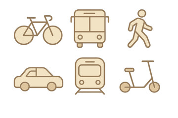 Different modes of transportation illustrated in a simple design showcasing biking, walking, and public transit in a minimalist style