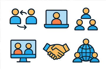 Network collaboration and communication icons showcasing teamwork, online meetings, and global connections in a modern digital environment