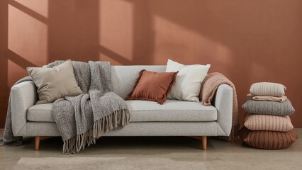 Comfortable modern living room interior featuring a cozy sofa with pillows blankets and knitted cushions against a warm terracotta wall