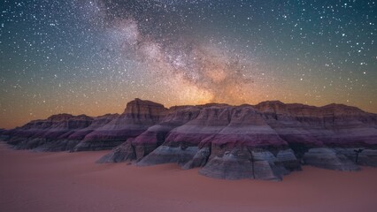 Spectacular natural scenery of multicolored desert hills at dusk