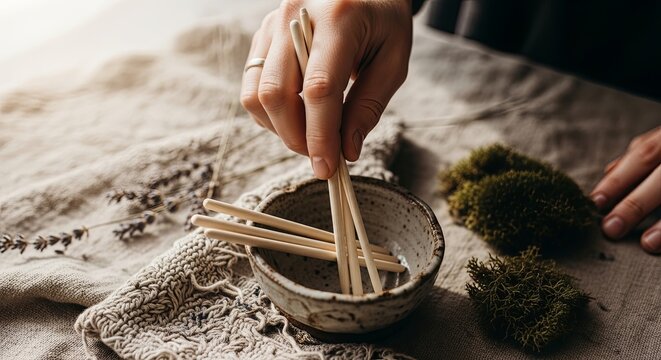 Hand Placing Wooden Sticks into Bowl on Rustic Textile Surface
