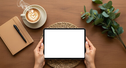 Flatlay Mockup Tablet Coffee Workspace Hands Wood Table Cozy Atmosphere Design Lifestyle Blog Social Media Template