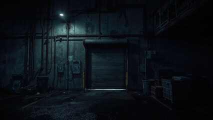 Nighttime view of a creepy warehouse loading area and entryway. © Kultivad