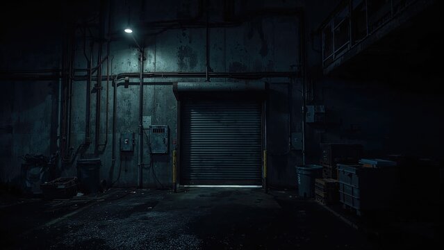 Nighttime view of a creepy warehouse loading area and entryway.