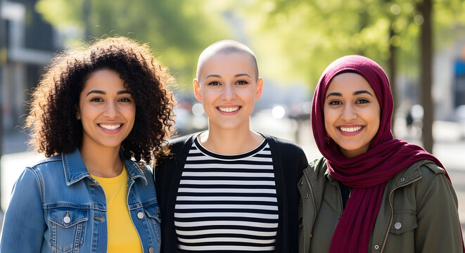 Three diverse women smiling together friendship support empowerment community diversity inclusion strong female role models happy confident multicultural - Powered by Adobe