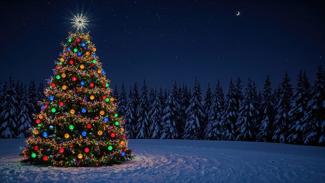 Festive winter backdrop featuring a large decorated tree with bright garlands and ornaments under a snowy night sky.