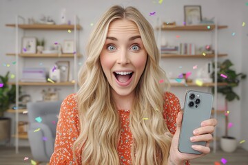 Excited woman holding smartphone celebrating achievement with confetti in modern home setting
