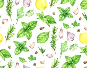Watercolor herbs and spices pattern