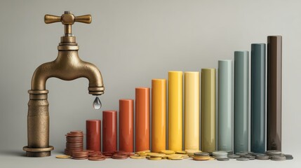 A leaky faucet over a rising stack of coins and colored bars.