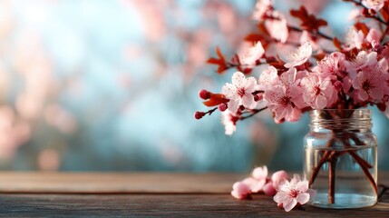 A beautifully arranged bouquet of cherry blossoms in a glass jar, symbolizing beauty, renewal, and the fleeting nature of life, set against a serene, soft background.