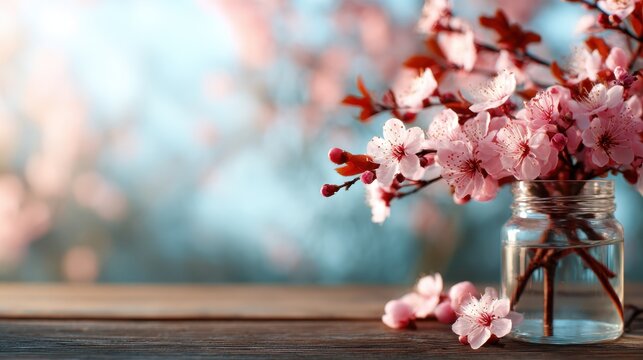A beautifully arranged bouquet of cherry blossoms in a glass jar, symbolizing beauty, renewal, and the fleeting nature of life, set against a serene, soft background.
