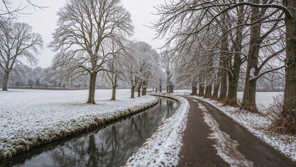 Chilly winter walk on a trail surrounded by trees and a gentle stream