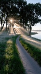 Obraz premium Sunbeams Filtering Through Mist on a Path