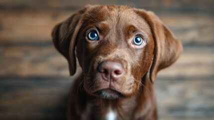 A close-up of a charming brown dog with sparkling blue eyes that conveys innocence and curiosity, creating a heartwarming visual portrayal of loyalty and companionship.