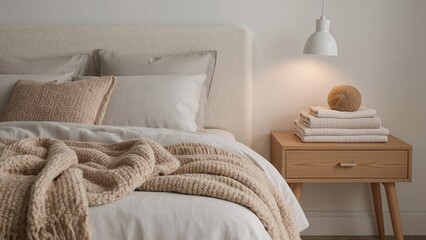 Cozy bedroom interior with neutral bedding and stylish nightstand arrangement for comfortable relaxation and modern home decor