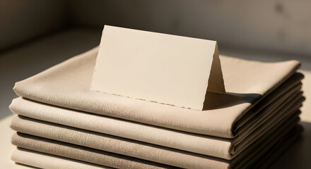 Blank ivory notecard mockup on beige linen napkins minimalist design elegant stationery branding template simple clean aesthetic photography