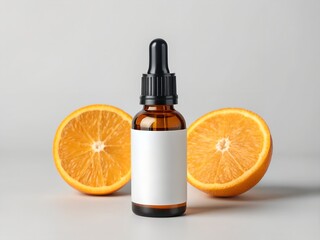 Amber Bottle of Orange Essential Oil with Halved Oranges on White Background