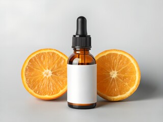 Amber Bottle of Orange Essential Oil with Slices on Gray Background