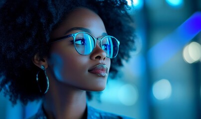 AI cybersecurity threat concept, black African American female IT specialist analyzing data information technology. Augmented reality artificial intelligence analysis with side profile, Generative AI