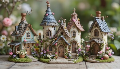 Obraz premium Maisons Miniatures Fantaisistes avec Tournesols et Fleurs