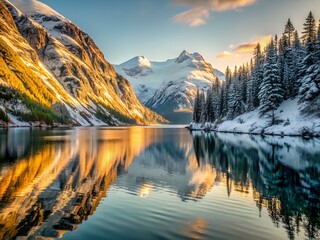 Fototapeta premium Golden Sunset Reflecting on a Calm Winter Mountain Lake