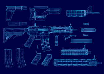 Detailed blueprint of an rifle on a blue background, showcasing modular components in wireframe style. The design highlights the barrel, magazine.