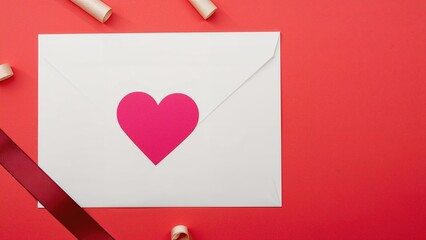 Flat lay of a plain envelope and a heart emblem sticker on a crimson background with room for copy