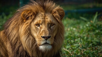 Fototapeta premium Portrait of a powerful animal with lush vegetation in the background