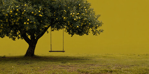 Vibrant Yellow Background with a Lush Apple Tree Featuring Ripe Fruits and Green Leaves in Natural Daylight
