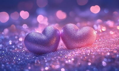 Fototapeta premium Purple and pink glitter vintage lights background with hearts overlay, creating a romantic and festive atmosphere for celebration and event visuals, Generative AI
