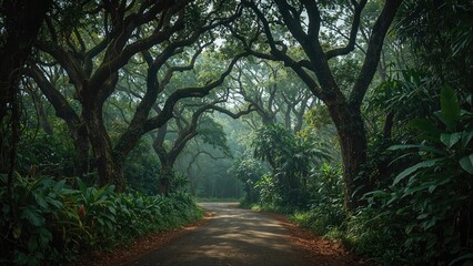 Naklejka premium Captivating shot of a tree-lined trail enveloped by plants