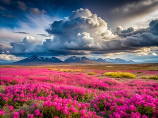 Fototapeta premium Vibrant Pink Wildflower Field Against Dramatic Mountain Sunset