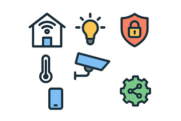 Smart home technology icons representing various devices for home automation and security features in a modern lifestyle