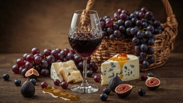 A selection of red wine, grapes, honey, blue cheese, and ripe figs