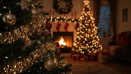 Seasonal decor highlighting a lively tree adorned with festive decorations, gifts, and a crackling fireplace.