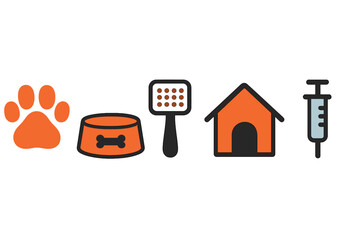 Icons representing essential pet care items including food, shelter, and health equipment for responsible animal ownership