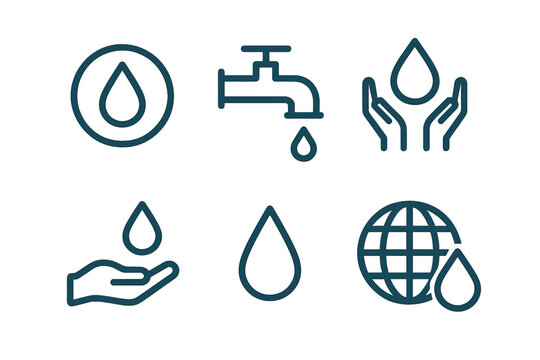 Illustration of water conservation symbols with droplets, taps, and hands promoting global awareness for sustainability efforts