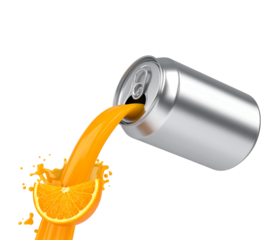 Orange carbonated juice is pouring from an open aluminum can with orange soft drink. Cool fruit drinks in hot summer weather isolated on PNG transparent background