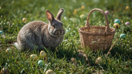 A gray bunny resting on lush green grass beside a woven basket filled with vibrant Easter eggs, representing the Easter holiday and the arrival of spring. High-resolution image