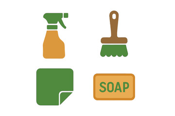 Cleaning supplies arranged for efficient household chores including spray bottle, scrub brush, and bar of soap