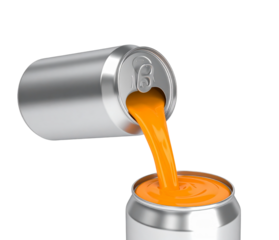 Orange carbonated juice is pouring from an open aluminum can with orange soft drink. Cool fruit drinks in hot summer weather isolated on PNG transparent background