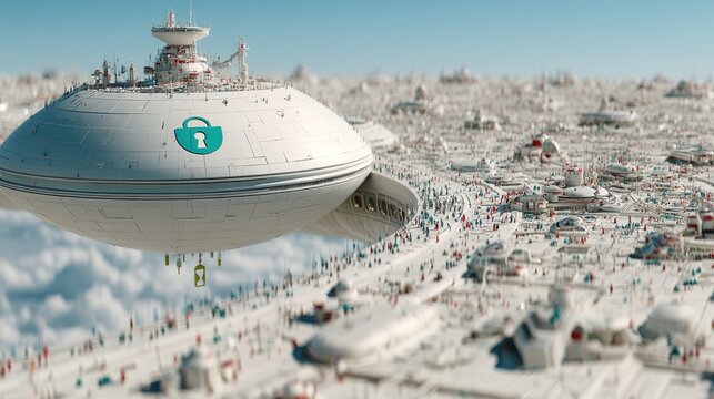 Futuristic city with a hovering, secured platform.