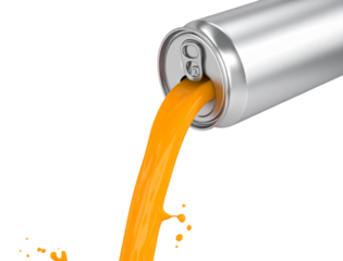 Orange carbonated juice is pouring from an open aluminum can with orange soft drink. Cool fruit drinks in hot summer weather isolated on PNG transparent background